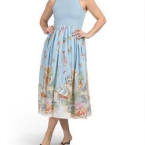Moon River Light Blue Scenic Print Midi Dress